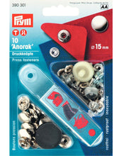 Afbeelding in Gallery-weergave laden, Prym naaivrijdrukknoop anorak 15mm zilver (390.301)
